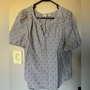 LOFT Women's Black and White Striped Blouse with Red Accents